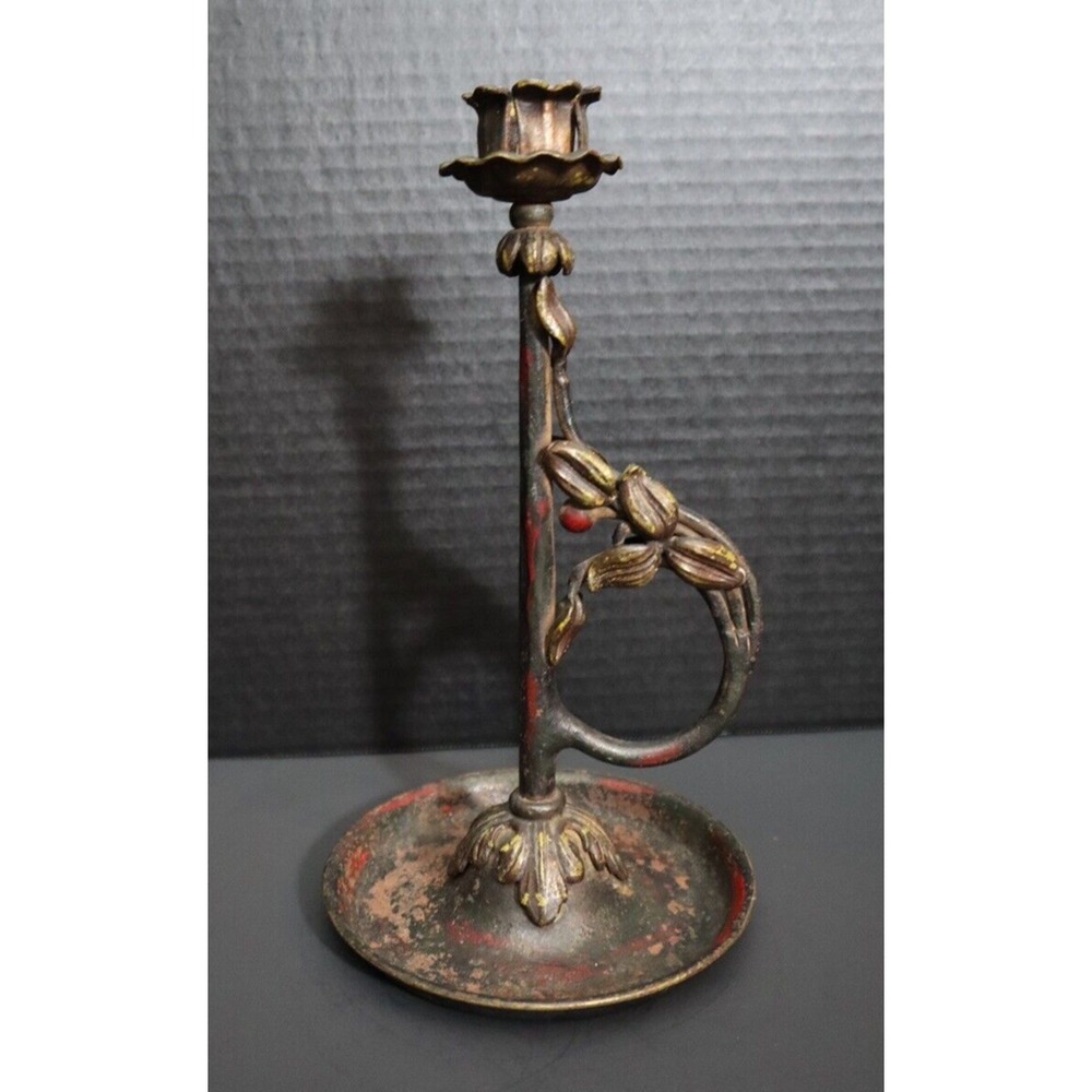 Tole/Toleware Painted Metal Candlestick Berry Chippy Shabby Patina From Age
